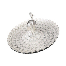 (Silver White) 20cm Embossed Peacocks Snacks Tray Durable Metallic Finish Decorative Serving Platter For Multiple Treats Golden Blue