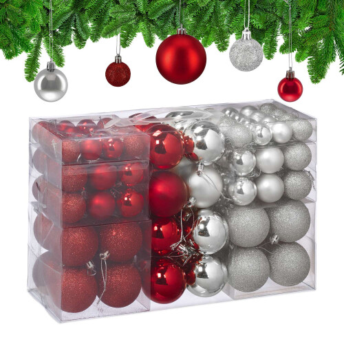 Christbaumkugeln-Set, Rot & Silber, verschiedene Größen 1
