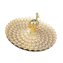 (Golden White) 20cm Embossed Peacocks Snacks Tray Durable Metallic Finish Decorative Serving Platter For Multiple Treats Golden Blue