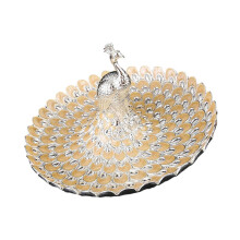 (Silver Orange Yellow) 20cm Embossed Peacocks Snacks Tray Durable Metallic Finish Decorative Serving Platter For Multiple Treats Golden Blue