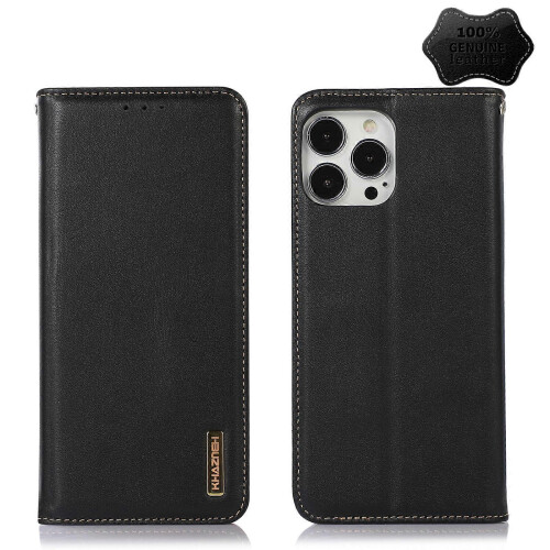 (Black) For iPhone 13 Pro Max KHAZNEH Nappa Top Layer Cowhide Leather Phone Case