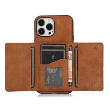 (Brown) Compatible For iPhone 15 Pro Phone Case Tri-Fold Wallet Kickstand PU Leather + TPU Back Cover