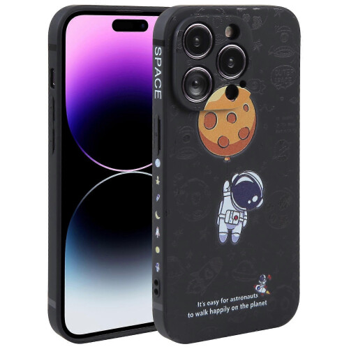 (Planet Landing-Black) For iPhone 14 Pro Astronaut Pattern Silicone Straight Edge Phone Case
