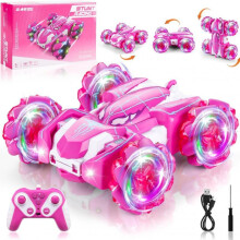 (pink, 1:24) Pink Remote Control Stunt Car, Dual Mode 360 Rotation, 4WD Double-Sided RC Car for Kids