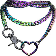 (Gold) Layered Heart Cuban Link Y Shape Necklace for Women Stainless Steel O Ring Long Chain Minimalist Silver Jewelry Gift
