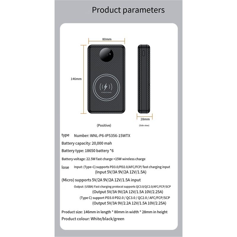 Batter Storage Rack 6x18650 20000mAh Power Bank Case 22.5W Fast Charging Mobile Power Bank ...