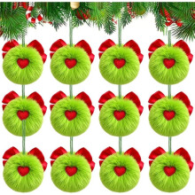 12pcsFurry Christmas Balls Ornaments Christmas Tree Decorations Furry Poms Hanging Decorations for Xmas Tree Green