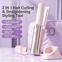 Portabel Trådlös Hårstraightener Uppladdningsbar Digital Temperaturdisplay Keramisk Beläggning Straightener Locktång Brun