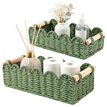Paper Rope Storage Basket Set of 2 Scalloped Wooden Handles for Bathroom Toilet Paper & Living Room Decor