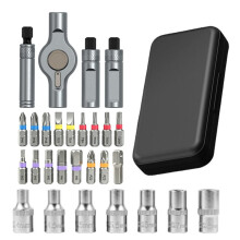 25 in 1 Magnetic Ratchet Screwdriver Set with 7 CR-V Metric Sockets T Handle Allen Wrench Set, S2 Alloy Steel Bits