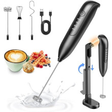 Electric Milk Frother Handheld: Coffee Frother Rechargeable 3 In1 - LED Display for Latte, Cappuccino Bright Black