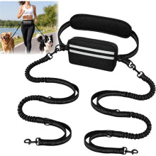 Hands Free Double Dog Leash for 2 Dogs, Shock Absorbing Bungee, Adjustable Waist Belt & Pouch