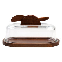 Glass Butter Dish with Lid and Wooden Knife, with Wood Base for Stylish Countertop Serving