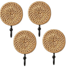 4 Pcs Boho Rattan Wall Towel Hooks - Vintage Decorative Wood Coat Rack for Home B