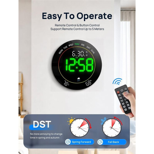 10"Easy-Read Large Digital Wall Clock,11-Color Night Light,Auto-DST Remote Control,Large Display for ,Dateand Temp 1