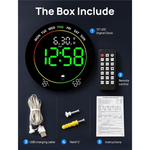 Relógio Parede Digital  10 Polegadas com Fácil Leitura Luz Noturna 11 Cores, Controle Remoto com Ajuste Automático Horário Verão e Visor 2