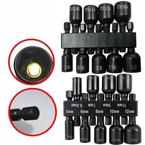 9pcs Hex Nut Driver Set Power Nut Driver Bit Set 1/4 Hex Shank Socket Adapter Drill Bit for Electric Screwdriver SAE 1