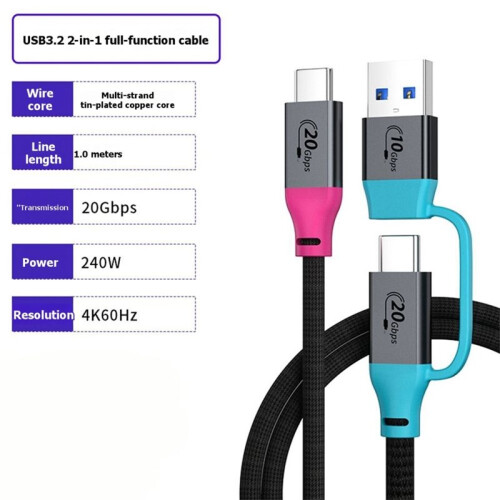 C to C Cable 2 in 1 Full-Function Charging Cable PD240W Fast Charging 4k 60Hz Screen 20Gbps for PC Laptop 2