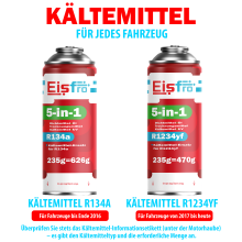 Eisfro R1234yf AC Recharge Kit – 5in1 XL Refrigerant + 235g R1234yf Replacement Gas with Hose & YF Adapter