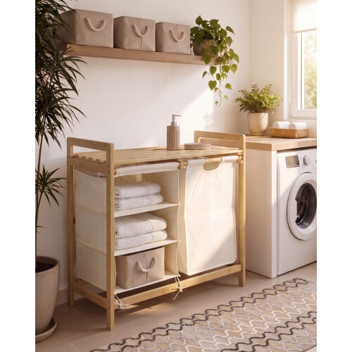 Beliani Laundry Basket TOROTAL Bamboo Light Brown/ White 120 L 1