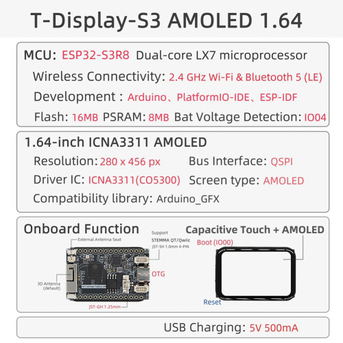 T-Display-S3 ESP32-S3 AMOLED 1.64-Inch ICNA3311 Touch Display Screen Flash-16MB PSRAM-8MB WIFI  Wireless Module 1