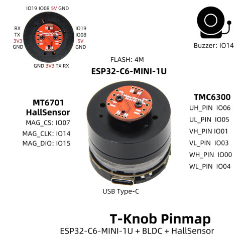 T-Knob ESP32-C6--1U Highly Efficient Zero Standby Current Driver Hall Based Angle Position Encoder Sensor Knob Board 2