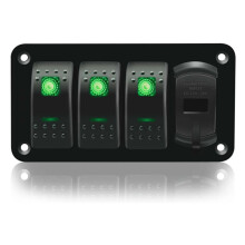 3 Gang Rocker Panel with Voltmeter Dual USB Fast Charging for Boat Car Truck (Green Light)