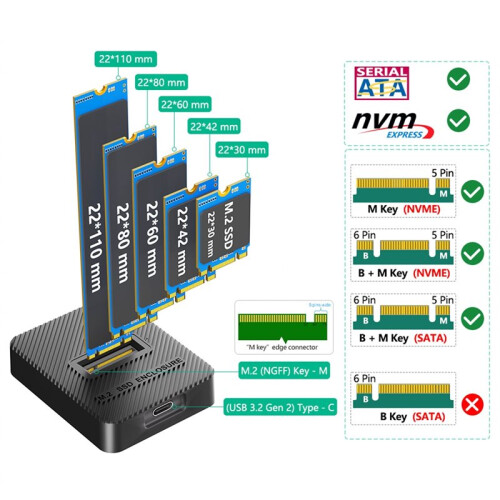 10Gbps M.2 SSD Enclosure, RTL9210C Dual Protocol NVMe &  M.2 SSD Reader, USB 3.2 Gen2 Type-C External M2 SSD Case 2
