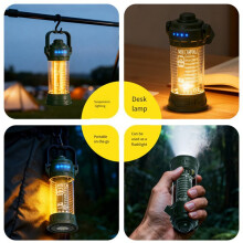 2-in-1 Camping Lantern Flashlight USB Rechargeable LED 3 Colors 6 Modes Portable Outdoor Emergency Light Green