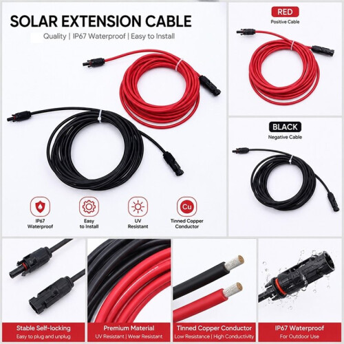 Solar Extension Cable10M 2.5mm2 PV Wire - Double Ends Connector Red Black for Outdoor Solar Panel System 2