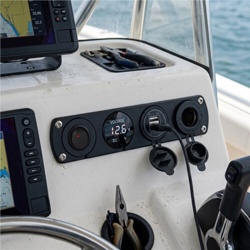 4 in 1 Marine  Panel 12V Dual USB Charger Socket LED Voltmeter Cigarette Lighter Socket  Off Button  Red 1