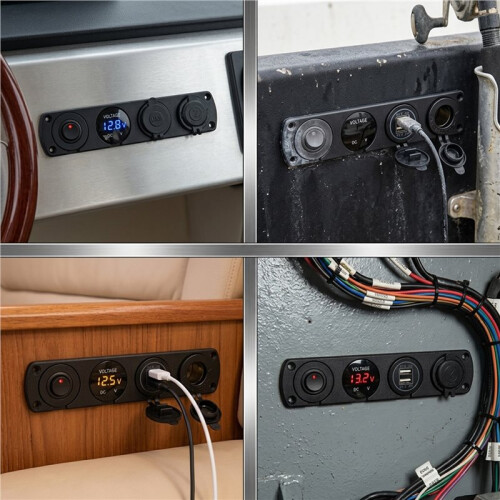 4 in 1 Marine  Panel 12V Dual USB Charger Socket LED Voltmeter Cigarette Lighter Socket  Off Button  Red 2