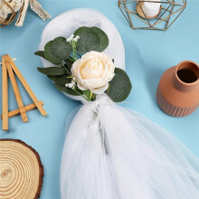 12 Sets Wedding Aisle Decorations, Champagne Flowers,Artificial Rose with Long Tulle for Church Pew Chair Bench