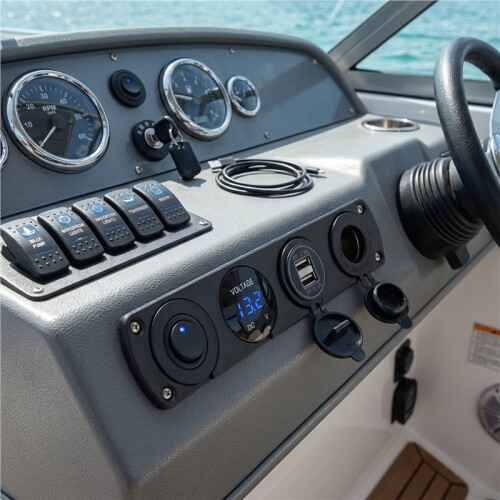 4 in 1 Marine  Panel 12V Dual USB Charger Socket LED Voltmeter Cigarette Lighter Socket  Off Button 1
