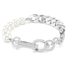 Silver Two-Tone Chain Bracelet White Pearl & Pave Crystal Paperclip Link Women Statement Jewelry SOB0034