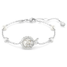 Silver Dainty Chain Bracelet Halo Pearl Center Clear Pear Crystal White Pearl Accent Women Bridal Jewelry 5698889
