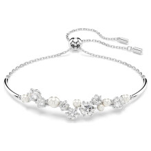 Silver Slider Bangle Bracelet Cluster Clear Crystal White Pearl Adjustable Women Bridal Wrist Jewelry 5705618