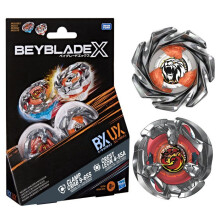Beyblade X Dual Pack Clamp Crab 9-65S BX and Crest Leon 4-55A UX, 2 right-spin battle tops by Takara Tomy, suitable for ages 8 and up.