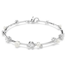 Silver Thin Tube Bangle Scattered White Pearl Clear Crystal Lobster Clasp Women Bridal Wrist Jewelry SOB0051