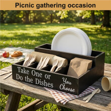Farmhouse Rustic Wooden Plate Cup Napkin Dispenser Box Paper Plate Organizer Portable Picnic for Cups Forks Spoon Plates