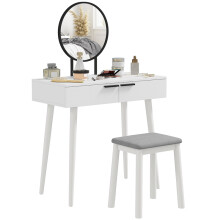 Modern Dressing Table with Round Mirror and Stool, Makeup Vanity Table with 2 Drawers for Bedroom, Living Room, 80 x 40 x 123 cm, White