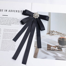 (Black) Vintage Korean Style Collar Bow Tie With Floral Rhinestone Decoration For Women