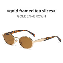 (Tea)Óculos de sol oval armação de metal com lentes cinza e proteção UV escritório para