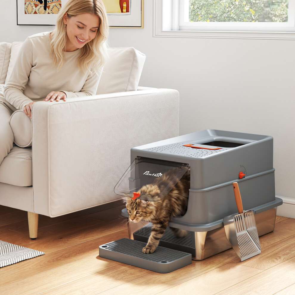 Pawhut Stainless Steel Cat Litter Tray With Lid, Step, Scoop, High Side