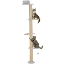 Wall Mounted Cat Shelves, Cat Climbing Wall with 4 Climbing Platforms, Jute Scratching Post and Toy Ball,180cm Tall, Light Grey