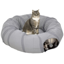2 in 1 Cat Tunnel with Bed, Cat Play Tunnel with Ball & Peek Hole for Indoor Cats, Grey
