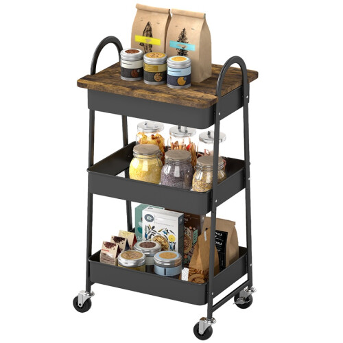 3-Tier Kitchen Storage Trolley with on Wheels Cover Top Board - Rustic Brown and Black 1