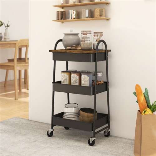 3-Tier Kitchen Storage Trolley with on Wheels Cover Top Board - Rustic Brown and Black 2