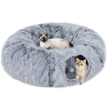 2-in-1 Donut Cat Tunnel with Washable Bed, Play Tunnel Bed with Toy Ball and Door Hole for Indoor Cats, Light Grey