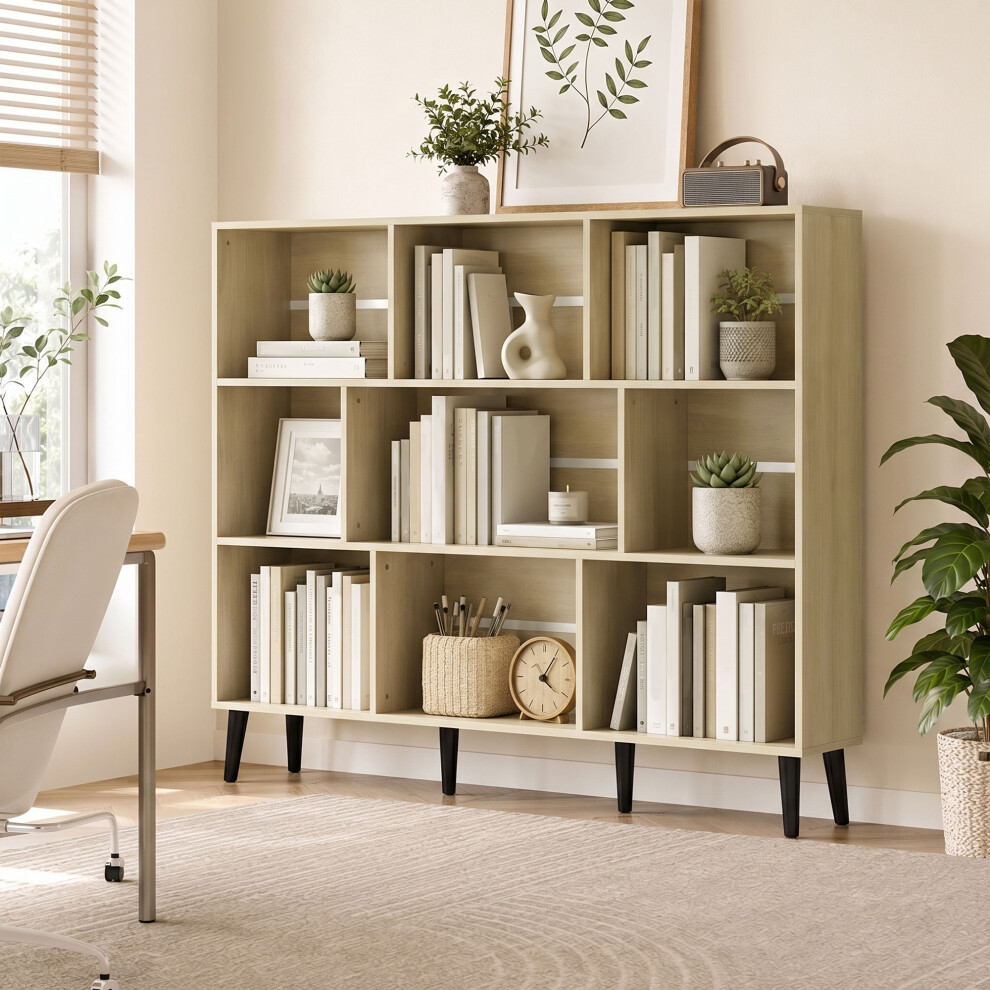 Homcom 3-Tier Bookshelf With 10 Cubbies, Book Shelf With Wood Legs, Oak